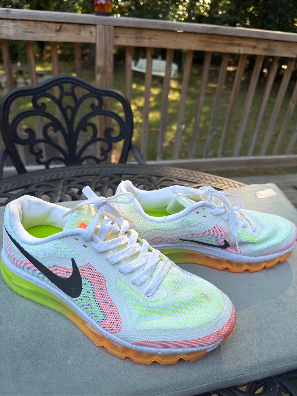 Nike White Running Sneakers with Neon Green, Pink and Orange Accents